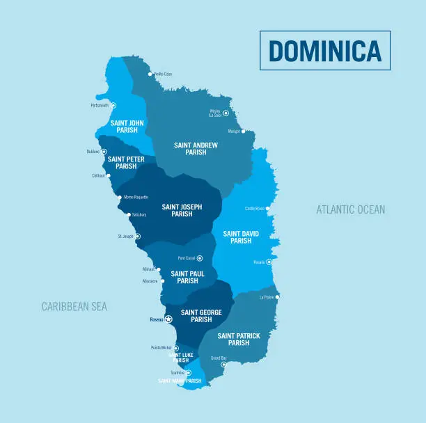 Vector illustration of Dominica country island political map. Detailed vector illustration with isolated regions, provinces, departments, states, islands and cities, easy to ungroup.