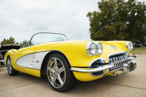 Westlake, United States - October 21, 2017: A front side view of a yellow 1958 Corvette Chevrolet classic car.