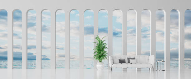 istock Modern Concept interior design of white living room with a sea view, 3d Render 1276507949