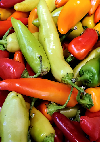 Hot peppers in a pile - would make a great background for a spicy recipe