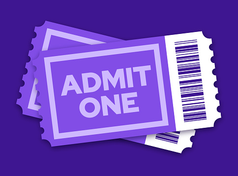 Pair of Admit One tickets for an entertainment event, movie or performance show.