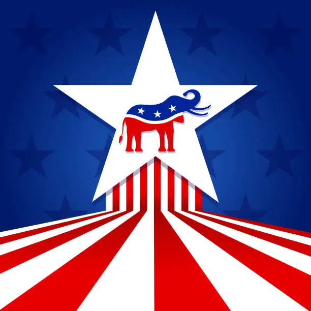 Vector illustration of Voting 2020 in the United States. Symbol of the Republican party elephant on the background of the American flag with big star