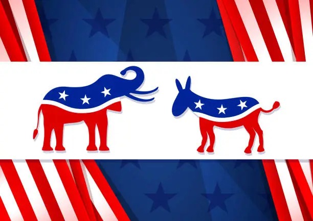 Vector illustration of Voting 2020 in the United States. Symbols of the democratic and Republican party elephant and donkey on the background of the American flag