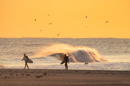 Long Beach, New York - September 21, 2020 : Silhouette of a surfers walking on the beach at sunset, with waves crashing in the background.