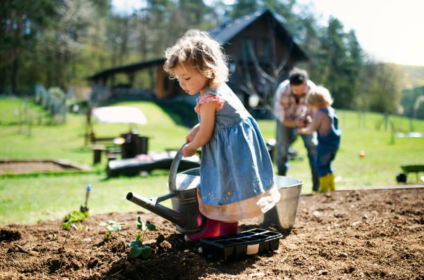 liten flicka vattning utomhus i trädgården, hållbar livsstil koncept. - skräpig trädgård hus bildbanksfoton och bilder