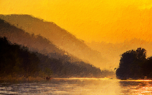 Oil painting showing river and mountains on a sunny day.