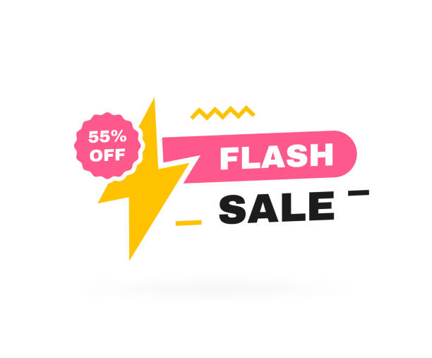 ilustraciones, imágenes clip art, dibujos animados e iconos de stock de banner de venta flash con rayo. 55 por ciento de descuento. plantilla de banner para negocios, tiendas, publicidad, descuento, venta. ilustración vectorial de estilo plano moderno - stock exchange flash