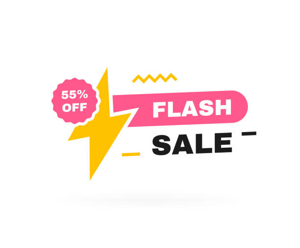Flash sale banner with lightning bolt. 55 percent off discount. Banner template for business, shops, advertising , discount, sale. Modern flat style vector illustration Flash sale banner with lightning bolt. 55 percent off discount. Banner template for business, shops, advertising , discount, sale. Modern flat style vector illustration. friday stock illustrations