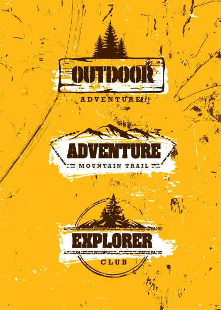 Vector illustration of Mountain Trail Outdoor Adventure Sign Concept. Wilderness Survival Gear Illustration On Grunge Background With Pine Trees