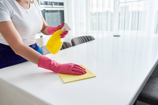 istock Cleaning home table sanitizing kitchen table surface with disinfectant spray bottle washing surfaces with towel and gloves. COVID-19 prevention sanitizing inside 1276516541