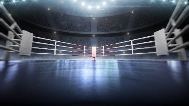 3D boxer arena with viewers. Empty boxing ring under lights. Full tribune. Wide angle. 3D rendering 3D boxer arena with viewers. Empty boxing ring under lights. Full tribune. Wide angle. 3D rendering. Background boxing stock pictures, royalty-free photos & images