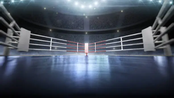 3D boxer arena with viewers. Empty boxing ring under lights. Full tribune. Wide angle. 3D rendering. Background