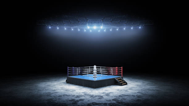 3d-boxer-arena. isolierter leerer boxring mit licht. 3d-rendering. boxring mit beleuchteten strahlern - boxing stock-fotos und bilder