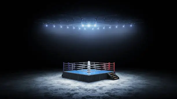 Photo of 3D boxer arena. Isolated empty boxing ring with light. 3D rendering. Boxing ring with illuminated spotlights