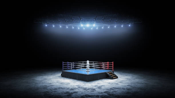 arena de boxe 3d. anel de boxe vazio isolado com luz. renderização 3d. anel de boxe com holofotes iluminados - wrestling - fotografias e filmes do acervo