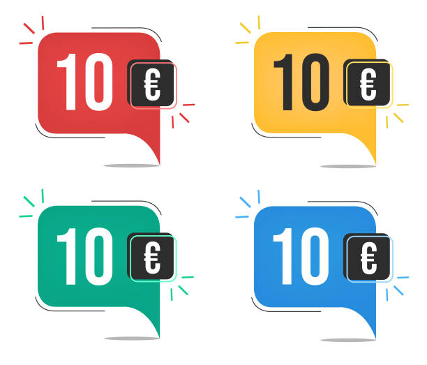 10 euro preis bunte tags - zehneuroschein stock-grafiken, -clipart, -cartoons und -symbole