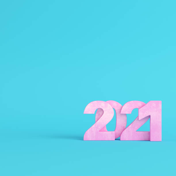 istock Pink 2021 digits on bright blue background in pastel colors 1276531793