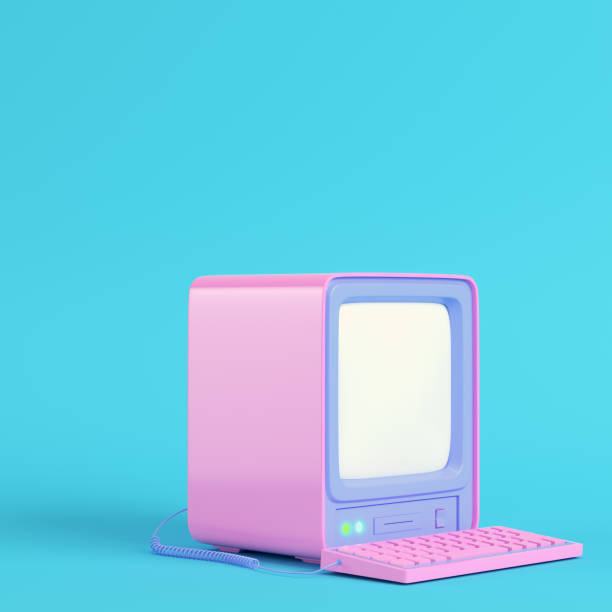 istock Pink retro computer on bright blue background in pastel colors 1276531846