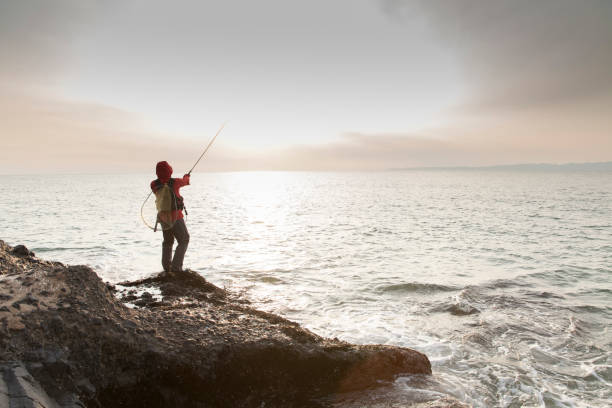homem silhueta em pé sobre rocha e lança vara de pesca para o mar - fishing rod fishing fishing reel casting - fotografias e filmes do acervo