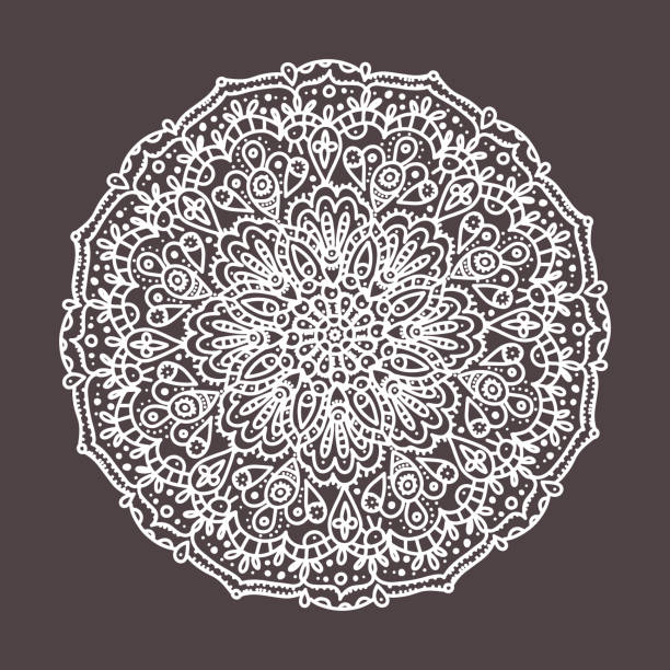 istock Vector lace doily, round print white line art on a dark background isolated. Embroidery, lace, print for fabric, beautiful delicate snowflake 1276533776
