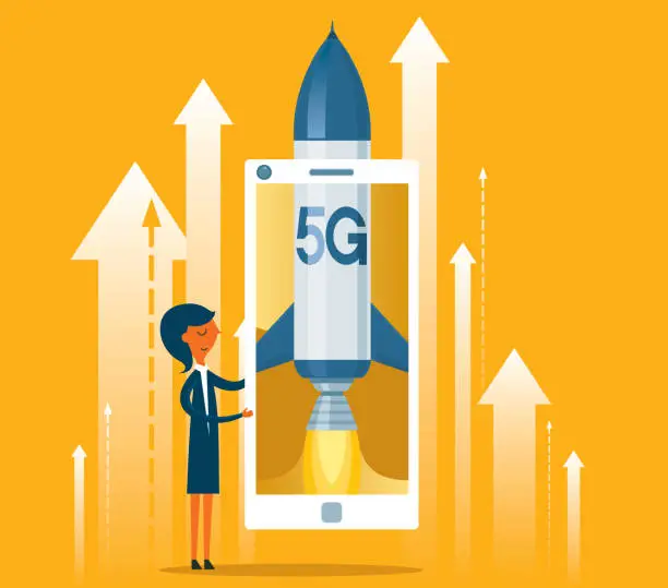 Vector illustration of 5G - Smartphone with rocket - Businesswoman