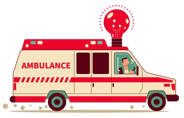 Vector illustration of One man is driving a ambulance with emergency siren made of a creative idea light bulb; Good ideas to rescue your business; To Rescue your creativity; Imagination is the key to better world