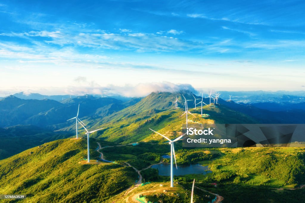 Large areas of wind power in the mountains Wind Turbine Stock Photo