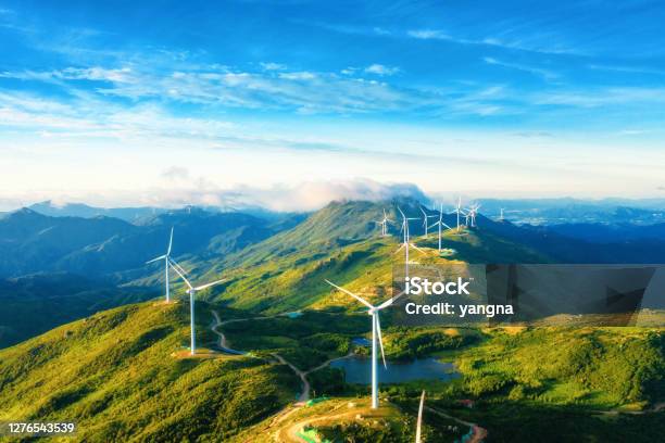Large Areas Of Wind Power In The Mountains Stock Photo - Download Image Now - Wind Turbine, Sustainable Resources, Environment