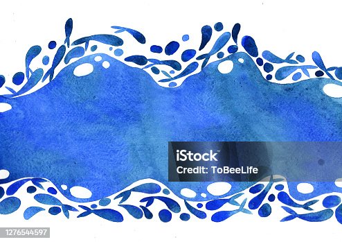 istock Abstract school of fish swimming in marine blue frame watercolor hand painting background foe decoration on fantasy summer theme. 1276544597