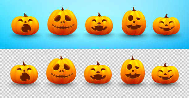 ilustraciones, imágenes clip art, dibujos animados e iconos de stock de conjunto de calabaza de halloween sobre fondo azul y transparente. sitio web espeluznante, fondo o banner plantilla de halloween. ilustración vectorial eps10 - bannerfishes