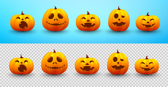 Set of Halloween pumpkin on blue and transparent background. Website spooky,Background or banner Halloween template.Vector illustration EPS10