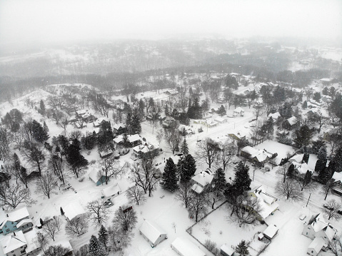 Aerial view of the town of Mount Horeb, Wisconsin during blizzard conditions