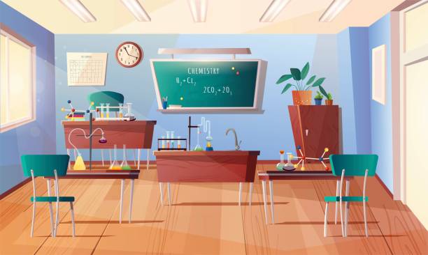 istock Classroom for chemistry subject. Cartoon interior with chalkboard, clock on the wall, desks, teacher table, books, test tubes, equipment for experiments, flasks. 1276551247
