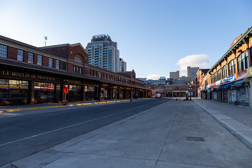 Ottawa, Ontario, Canada - May 9, 2020: The ByWard Market, usually an area of bustling activity throughout the year, is virtually vacant in early May 2020, during early months of the COVID-19 pandemic.