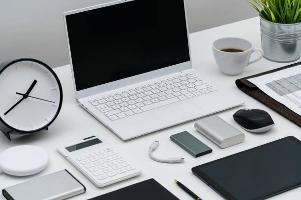Flat lay of office desktop and gadgets