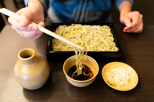 Japanese soba noodle with dipping sauce and daikon radish