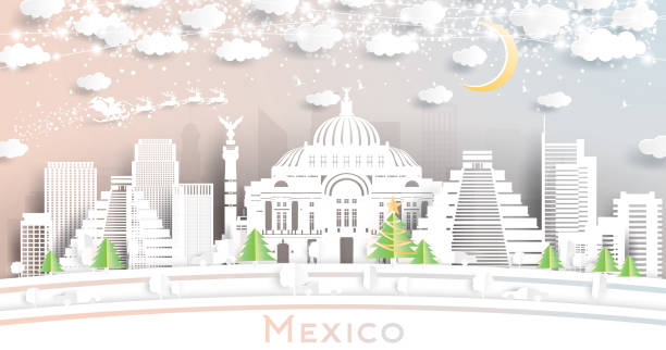 눈송이, 달, 네온 갈랜드와 종이 컷 스타일의 멕시코 시티 스카이 라인. - silhouette snowflake backgrounds holiday stock illustrations