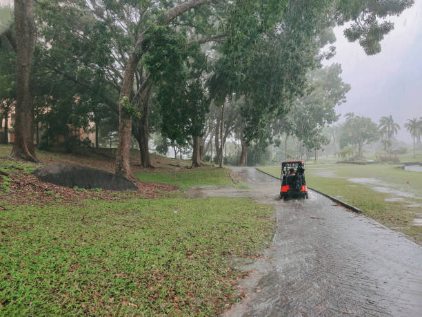 fuerte lluvia mal tiempo golfistas que conducen carrito de golf crucero en el campo de golf - damp course fotografías e imágenes de stock