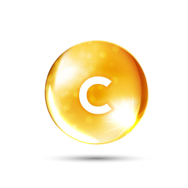 istock Vitamin C icon. shining golden substance drop. meds for heath ads. treatment cold flu and nutrition skin care. vector illustration. 1276562941