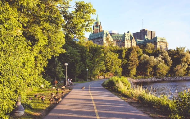 Ottawa, Canada - July 17, 2019: Ottawa’s Parliament Hill in golden hour as seen from the Ottawa River. It is home to the Parliament of Canada and attracts upwards to 3 million visitors a year.