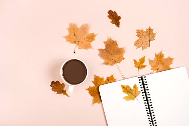 istock Creative autumn flat lay overhead top view coffee cup, dried maple leaves and notebook on pink background copy space minimal style. Fall season template for feminine blog social media 1276566483