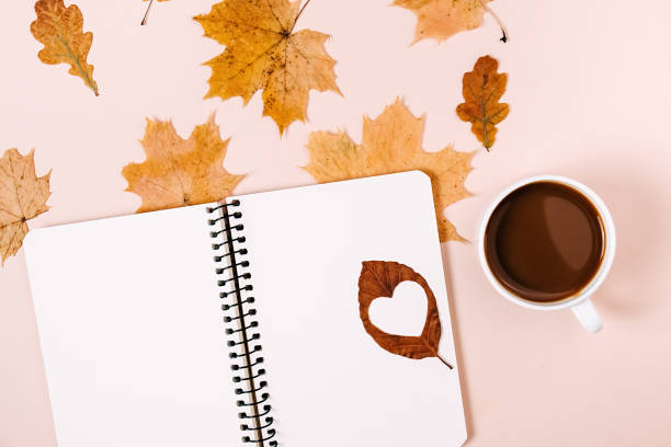 istock Autumn flat lay overhead top view coffee cup, dried maple leaves and notebook on pink background. Fall season template for feminine blog social media. Creative composition 1276566485