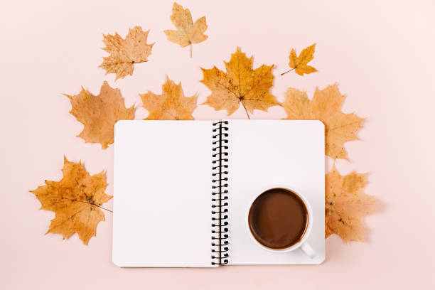 istock Autumn flat lay overhead top view coffee cup, dried maple leaves and notebook on pink background copy space minimal style. Fall season template for feminine blog social media. Creative composition 1276566503