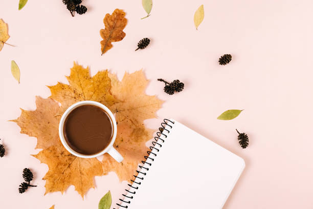 istock Autumn flat lay overhead top view coffee cup, dried leaves and notebook on pink studio background copy space minimal style. Fall season template for feminine blog social media. Creative composition 1276567055