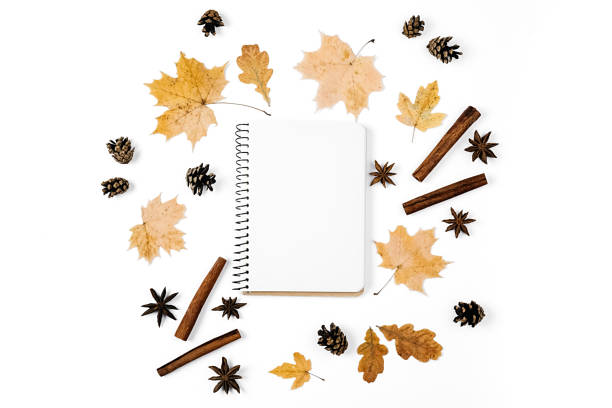 istock Autumn composition. Pattern made of cinnamon, coriander, dried maple leaves and notebook on white background for advertisement. Autumn, fall, thanksgiving day concept. Flat lay, top view 1276567089