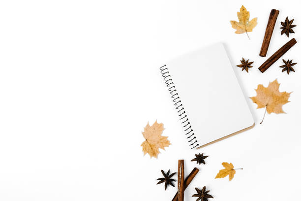 istock Creative autumn flat lay overhead top view cinnamon, coriander, dried maple leaves and notebook on white background copy space minimal style. Fall season template for feminine blog social media 1276567097
