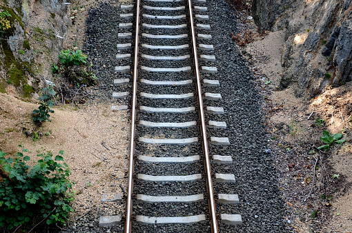 derail, landslides, concrete, sleepers, railway, train, rail, railroad, track, transportation, tracks, travel, transport, steel, rails, line, way, road, metal, direction, perspective, junction, old, day, journey, gravel, path, iron, stone, inaccessible, gorge, soil, rock, fall, stop, rain, danger, maintenance, sand, accident, disaster, embankment, upper, view, messy, dirty, eroded
