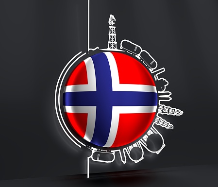Design set of natural gas logistic. Objects located around circle. Industry concept. Flag of Norway. 3D rendering