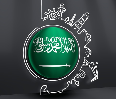 Circle with sea shipping and travel relative silhouettes. Objects located around the circle. Industrial design background. Flag of Saudi Arabia. 3D rendering