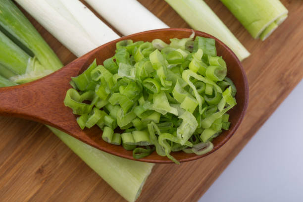 istock close up image of chopped spring green onions on a white background. 1276568645